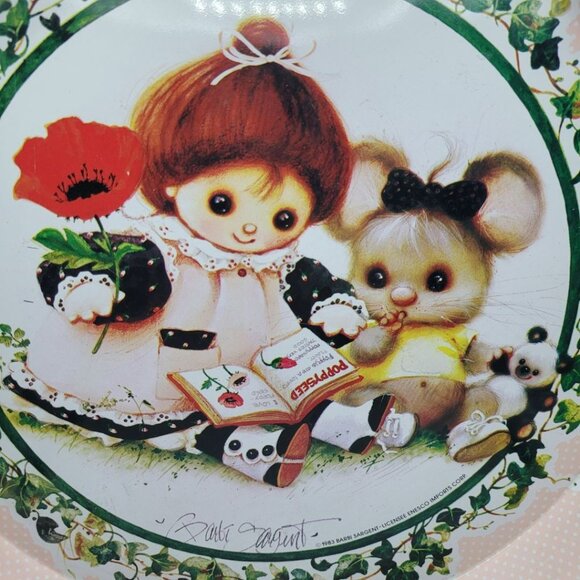 Enesco Tin Tray Barbi Sargent Pink 1983 Girl Mouse 11.5 Inch Round Poppy Seed - Picture 2 of 9